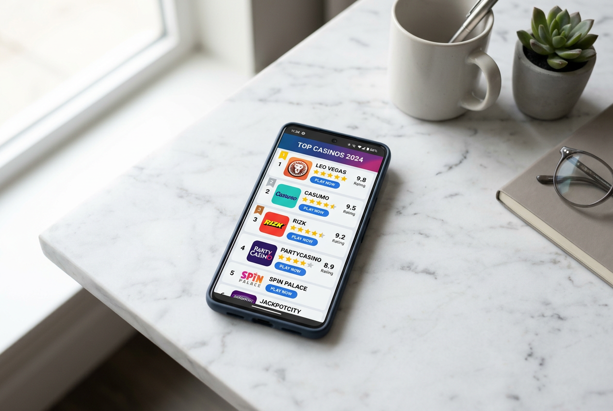 Smartphone displaying a premium casino ranking list