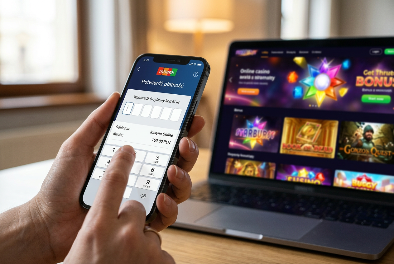 Smartphone screen showing a BLIK payment confirmation for an online casino.